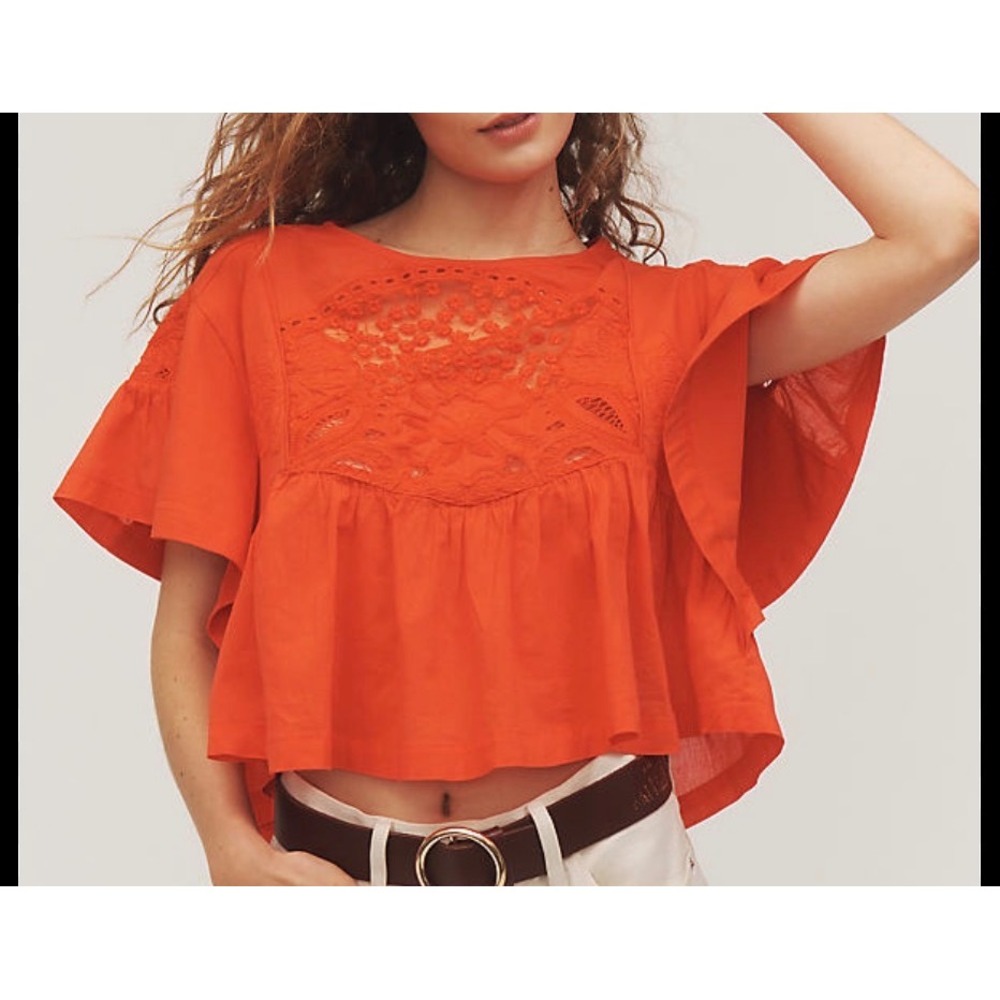 Anthropologie Maeve Red Embroidered Eyelet Flutter Sleeve Peplum Top NWT Medium